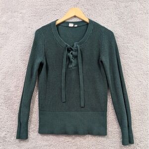 Gap Women's Medium Green Lace Up Shaker Stitch 100% Cotton Pullover Sweater